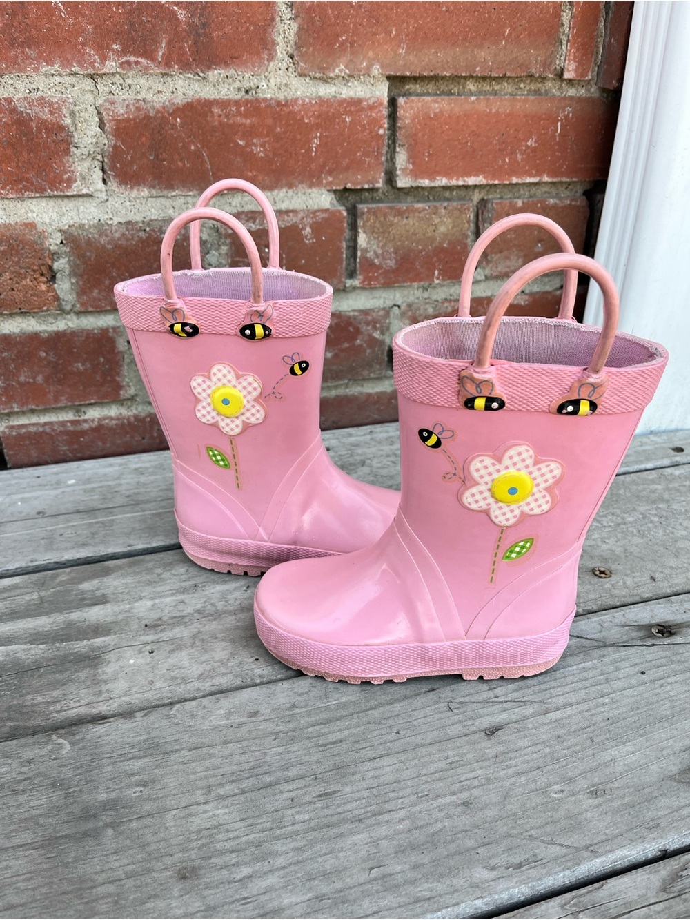 Girls Pink Flower Rain Boots with Bee Accents